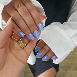 Light Blue False Nails Short Oval, SXVME Simple Acrylic Press on Nails Short, Blue Fake Nails Short, Natural Glue on Nails Short Almond, Solid Gel Full Cover Stick On Nails For Women Daily Wear