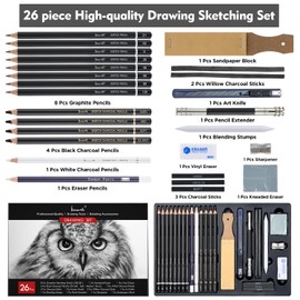 Brusarth Charcoal Pencils for Drawing, Set of 26, Professional Drawing Sketch Pencils, Art Supplies for Drawing, Shading, Sketching, Blending, Artist Pencils for Beginners & Pro Artists