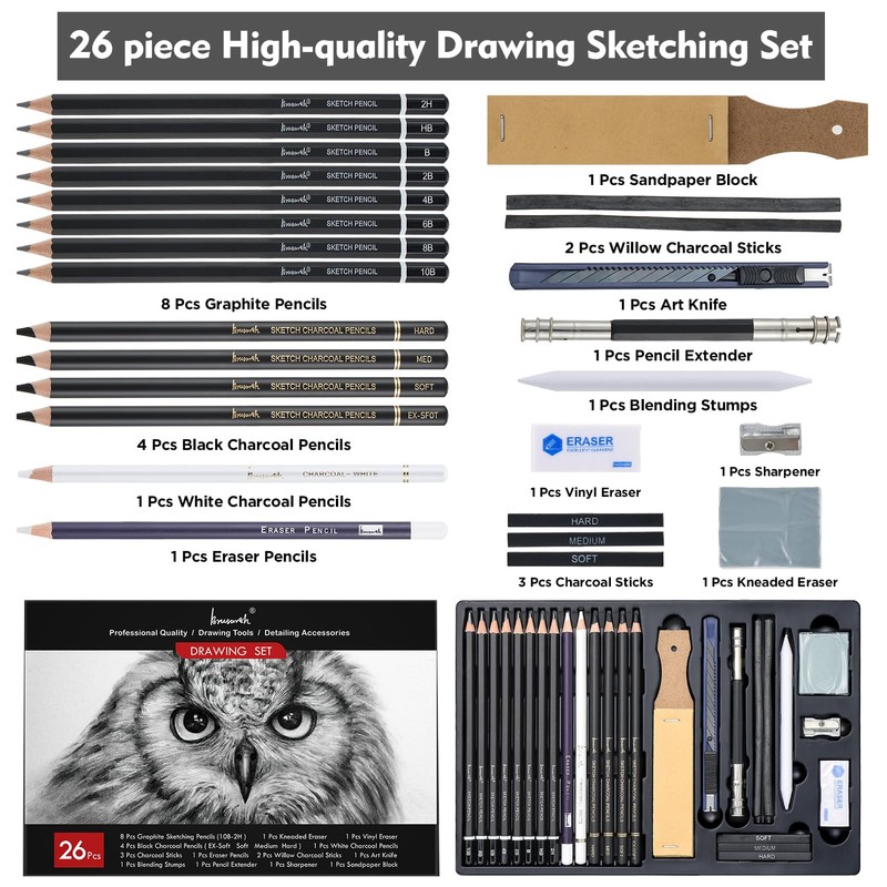 Brusarth Charcoal Pencils for Drawing, Set of 26, Professional Drawing