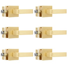 Heittis 6 Pack Privacy Heavy Door Handle Lever with Stain Brass Finish Modern Design Door Lock for Bedroom or Bathroom, Door Hardware Reversible for Left and Right Handed
