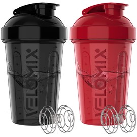 VELOMIX -2 Pack- 20 oz Protein Shaker Bottles for Protein Mixes - 2x Wire Whisk | Leak Proof Shaker Cups for Protein Shakes and Pre Workout | Protein Shaker Bottle Pack (Black/Red)