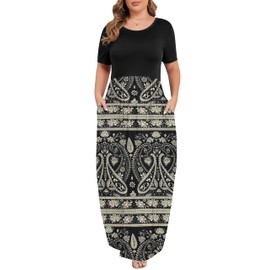 KARALIN Women’s Plus Size Maxi Dresses for Curvy Women Summer Casual Short Sleeve 2025 Long Dress Boho Floral Black 14W