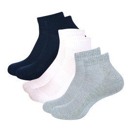 MANARC Men Cotton Ankle Socks Soft Comfortable Durable Breathable Reinforced Double Layer Cushioned Anti Slip Off with Ribbed Instep for A Firm Grip 3 Pack White, Navy Blue, Light Grey., White, Navy