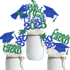 Double Sided Graduation Centerpiece 16PCS Congrats Grad Party Favors Glitter Table Top Supplies Blue Green
