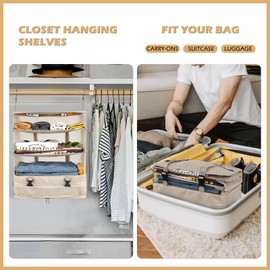 Surblue Hanging Closet Storage Bag Collapsible 3-Shelf Washable Oxford Fabric with 2 Hooks (XL 17.71 * 11.81 * 20in, Beige)