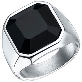 enhong Rings for Men, Black Onyx Stainless Steel with Agate Signet Rings, Silver Pinky Square Gemstone Ring for Him (Size 8, no/Stamp)