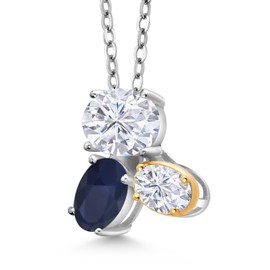 Gem Stone King 925 Silver and 10K Yellow Gold White Moissanite and Sapphire Pendant Necklace