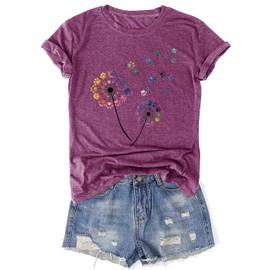 Womens Vintage Flowers T-Shirts Cute Floral Graphic Tees Wildflowers Cottagecore Tshirts Summer Casual Short Sleeve Tops(Purple,L)