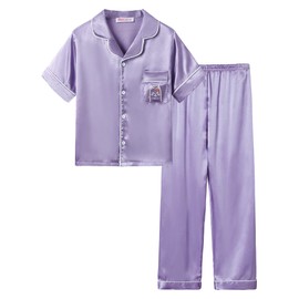 Topgal Big Girls Pajamas Size 8 – Cute Satin Cat Short Sleeve & Pants PJ Set Sleepwear