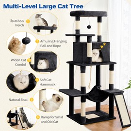 ABCPET Cat Tree Tower 63in Multi-Level Cat Tower for Indoor Cats with Sisal Scratching Posts, Condo, Hammock, Dangling Ball and Extended Platform for Cats to Play, Black