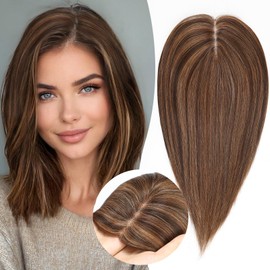 HAIRCUBE 14 Inch Synthetic Hair Toppers for Women with Thinning Hair, Pure Hand-Tied Breathable Swiss Base with 3 Clips in Wiggy Toppers (Chestnut Brown & Honey Blonde)