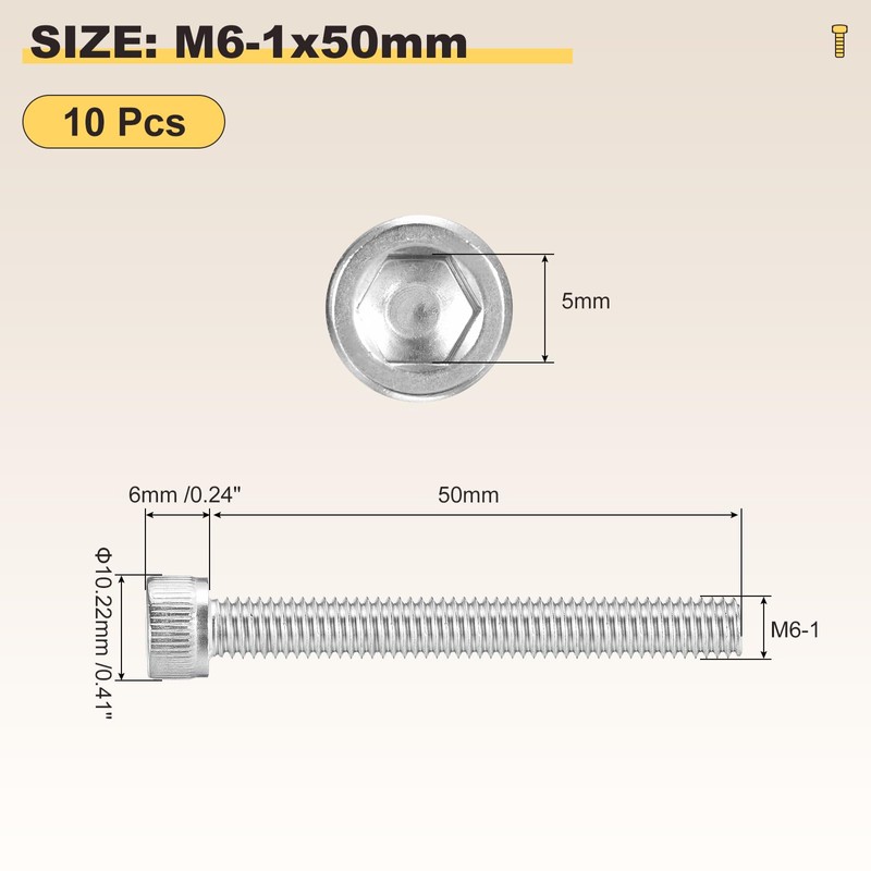 METALLIXITY Socket Head Cap Screw(M6-1x50mm)10Pcs, 304 Stainless Steel Allen Socket