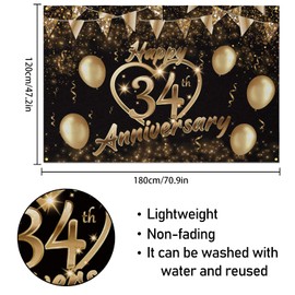 Happy 34th Anniversary Backdrop Banner Decor Black Gold – Glitter Love Heart Happy 34 Years Wedding Anniversary Party Theme Decorations for Women Men Supplies