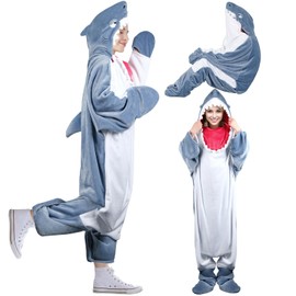 Shark Blanket Hoodie Onesie for Men & Women, Upgraded Zipper Design, Arms & Feet Openings for Easy Walk-in, Soft Cozy Flannel Sleeping Bag, Funny Cosplay Shark Costume, L Size for 63-67 In, Oversized