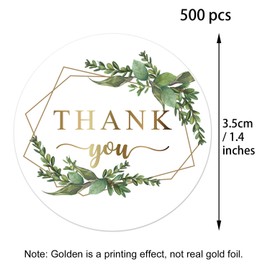 500 Chic Golden Greenery Frames Thank You Label Stickers, 1.4 Inches Circle Round Green Palm Leaves Wreath Thank You Stickers.