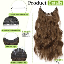 KooKaStyle Invisible Wire Hair Extensions with Transparent Wire Headband Adjustable Size 4 Secure Clips Long Wavy Hairpiece 20 Inch COCOA# for Women