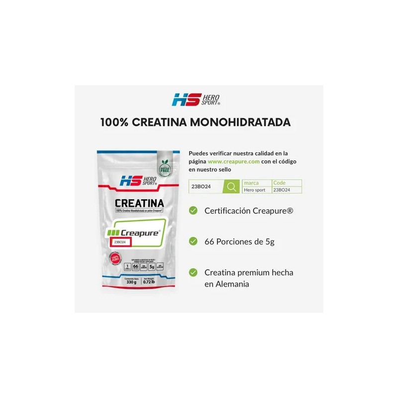 Hero Sport Creatina Creapure 330g Polvo Pouch 66 Servs
