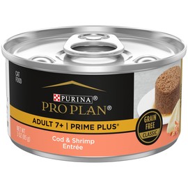 Purina Pro Plan Grain Free Senior Wet Cat Food Pate, SENIOR Prime Plus Cod & Shrimp Entree - (Pack of 24) 3 oz. Pull-Top Cans