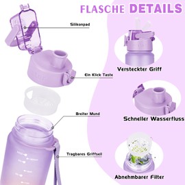 AOPREL Trinkflasche 1l, Trinkflasche Sport Tritan & BPA-Frei Wasserflasche Mit Filter und Bürste, Auslaufsicher Sportflasche Für Fitness, Wandern, Camping, Schule und Büro