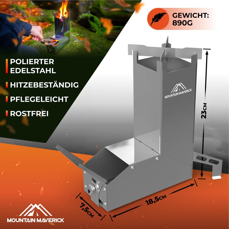 MountainMaverick® Rocket Stove, Easy Assembly, ConvectionAirflowTechnology, Compact, includes Carry Bag,