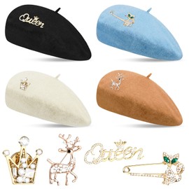 BBTO 8 Pcs Wool Beret Hats Crystal Brooch Sets French Beanie Cap Solid Color Winter Hat Rhinestone Brooch Pins for Women (Elegant Color,8 Pieces)