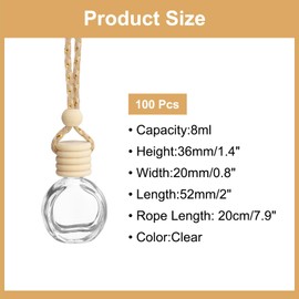 uxcell 100pcs Hanging Car Air Freshener Perfume Bottle, 10ml Pendant Empty Clear Glass Essential Oil Aromatherapy Diffuser with Wooden Cap for Car Decor (Clear, Round)