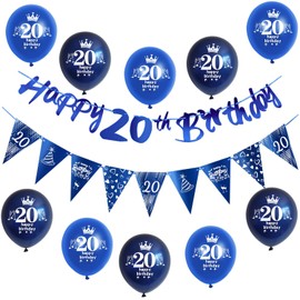 Hongyantech Blue 20 Years Old Man Birthday Decorations: Banner, Triangle Banner, Balloons, Ribbon
