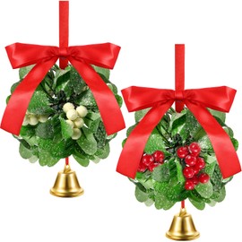 Juinte Christmas Mistletoe Decor 4.72 Inch Hanging Mistletoe Ball Christmas Tree Ornament for Doorway Kissing Ball Artificial Mistletoe Decor with Bows Berries and Bells(White and Red,2 Pcs)