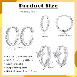 Loutade Silver Hoop Earrings for Women, 3 Pairs 925 Sterling Silver Hoop Earrings Set With Zircon, Hypoallergenic Earrings Dainty CZ Small Cartilage Sleeper Silver Huggie Earrings for Girls Men