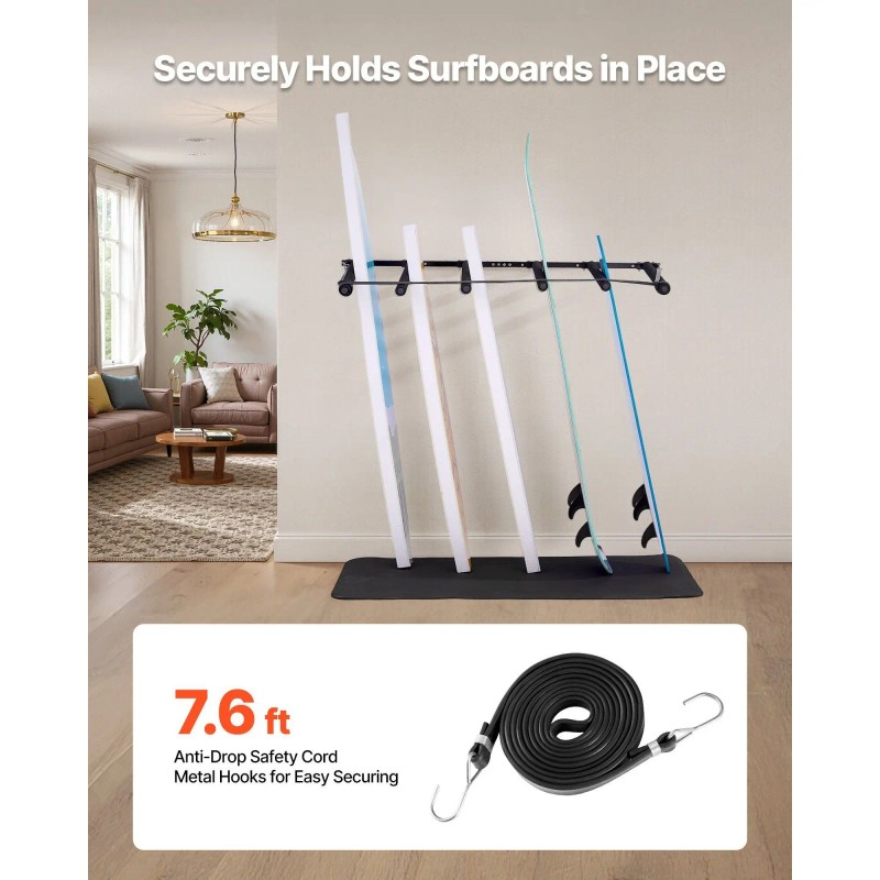 5-Tier Vertical Surfboard Wall Mount Rack Adjustable Metal Board Stand