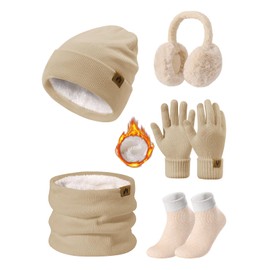 PASUDA Knitted Hat and Scarf Set 5 PCS Winter Warm Sets Fleece Lined Beanie Hat Touch Screen Gloves Plush Ear Warmers Neck Warmer Thermal Socks Set for Girls Ladies Sports Skiing Outdoor (Khaki)