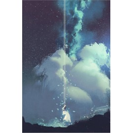 ART.COM Stretched Canvas Print The Woman on a Swing under the Night Sky with Stars and Clouds,Illustration Painting by Tithi Luadthong, 12" x 18"