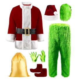 Christmas Green Costume for Men 8 Pcs Furry Adult Santa Claus Costume Santa Suit
