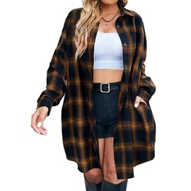 IN'VOLAND Women's Button Down Flannel Shirts Plaid Shacket Long Sleeve Collared Plus Size Long Jacket Coats 26W Brown