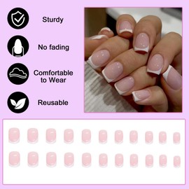 Ceboic Pack of 24 Press on Nails Short, Nude Pink Artificial Nails, French Artificial Nails with White Edge Design, Square Reusable False Nails, Acrylic Fingernails for Sticking on for Women and Girls