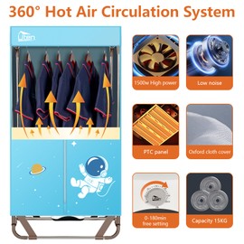 Uten Clothes Dryer, 1500W Power Electric Clothes Dryer Machine with Timer, 2-Tier Laundry Drying Wardrobe, Foldable Clothes Drying Rack and Dryer for Travel, Apartments, RV, Home