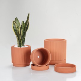 HERDUK Modern Terra Cotta Pots, 6 Inch 5.1 Inch 4 Inch Ribbed Textured Clay Planter Pots Set with Drainage Holes & Saucers, Garden Pots for Indoor/Ourdoor Plants Succulent, Cactus & Herb