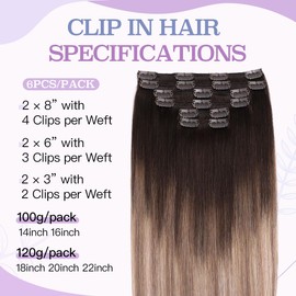 Sindra Real Hair Clip in Hair Extensions, Dark Brown to Light Brown and Ash Blonde, Natural Hair Extensions, 35 cm, 100 g, 6 Pieces, Clip in Extensions Real Hair (C35#2/6/18)