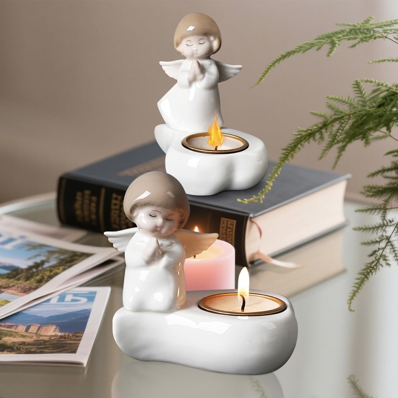 Tealight Candle Holder, Ceramic Angel Candle Holder for Table Display,
