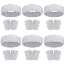 18 Pcs Sweatbands Headband Wristband Set Colorful Striped Terry Cloth Sports Athletic Gym 80s Sweat Headbands Wrist Bands (White)