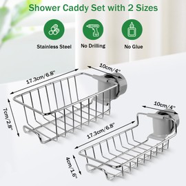 CoFvHo Shower Caddy Shelf No Drill 2 Pcs, Stainless Steel Shower Shelves for Shower Riser Rail 18-27mm, Rustproof Shower Rack Hanging Bathroom Organiser for Shampoo Soap, Kitchen Toilet, Silver