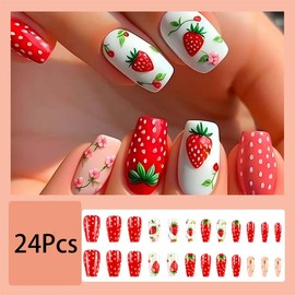 Summer Strawberry Press on Nails Short Square Fake Nails Flower Full Cover Acrylic Nails Red Glossy Glue on Nails Spring Floral False Nails Cute Stick on Nails Reusable Artificial Nail for Women 24Pcs