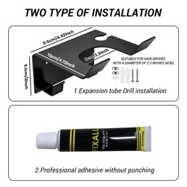 Hair Dryer Holder Wall Mount, Stainless Steel Blow Dryer Holder for Bathroom, Rustproof Hair Dryer Organizer Fits 2.3" Diameter, Easy Wall Installation (Black)