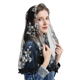 YuRongsxt Chapel Veils Catholic Mass Black Embroidered Veil Cherry Blossom Style Church Veil M8 (Marian Blue+Black)