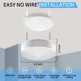 Youtob Battery Powered Motion Sensor Ceiling Light, Battery Operated LED Ceiling Light 6500K 330LM Motion Activated LED Light for Closet Hallway Shower Pantry Basement Porch