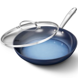 HLAFRG 12 Inch Nonstick Frying Pan with Lid, Ceramic Skillet, Omelet Pan, Less Oil for Health Cooking,12 inch Small Pan with Heat-Resistant Handle,All Stoves Compatible, Gradient Blue Pan