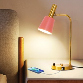 beaysyty Pink Bedroom Lamp for Nightstand, Dimmable LED Bulb Table Lamp with USB C and A Ports, Bedside Lamp with AC Outlet for Kids Girls, Desk Lamp with Brass Metal Base