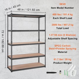 VEVOR Storage Shelving Unit, 5-Tier Adjustable, 2000 lbs Capacity, Heavy Duty Garage Shelves Metal Organizer Utility Rack, Black, 30" L x 12" W x 60" H for Kitchen Pantry Basement Bathroom - Size: 18"D x 48"W x 72"H