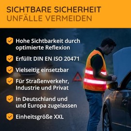 FLEXEO High Visibility Vests According to EN ISO 20471, for Car/Car, Adults, High Visibility Vest, Safety Vest for Motorcycle, Construction Site, Reflective Vest, EU Standard (Pack of 4, Orange)