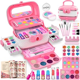Hollyhi 58 Pieces Really Children's Make-Up Set, Safe Washable Make-Up Case, Girls Make-Up Toy, Birthday, Christmas, Children's Make Up Set, Girls Gifts 3, 4, 5, 6, 7, 8, 9, 10, 11, 12 Years (Pink)